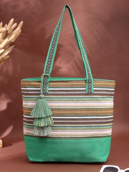 Anekaant - Eco- friendly Emerald Green & Multi Striped Jacquard Cotton Canvas Tote Bag