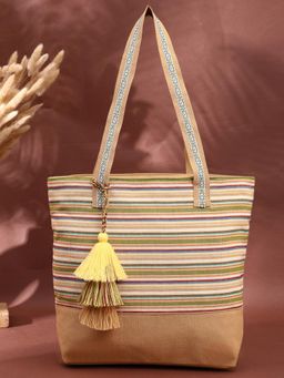 Anekaant - Eco- friendly Sand & Multi Striped Jacquard Cotton Canvas Tote Bag