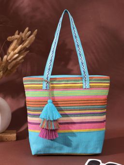 Anekaant - Eco- friendly Sky Blue & Multi Striped Jacquard Cotton Canvas Tote Bag