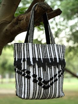 Anekaant - Boho Black & White Striped Cotton Dari Canvas Tote Bag