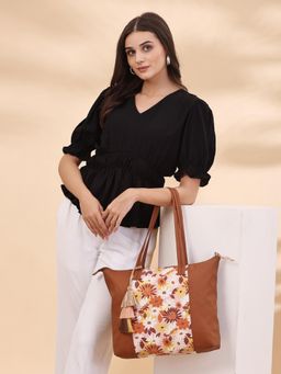 Anekaant - Lush Tan & Multi Floral Printed Polycotton Canvas & PU Tote Bag