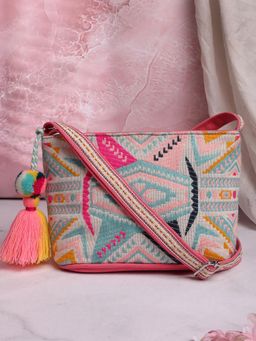 Anekaant - Boho Fluorescent Pink & Multi Ethnic Jacquard Cotton Sling Bag