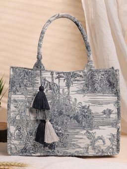 Anekaant - Jungle Natural & Navy Toile Cotton Jacquard Handheld Bag