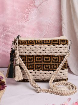 Anekaant - Boho Natural , Black and Mustard Crochet Stitch Striped Canvas Dari Sling Bag