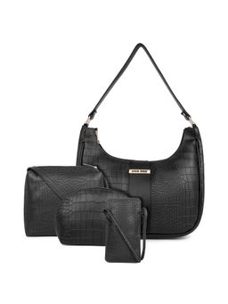 Legal Bribe - Women Textured Black Handbag with Sling Bag & Pouches