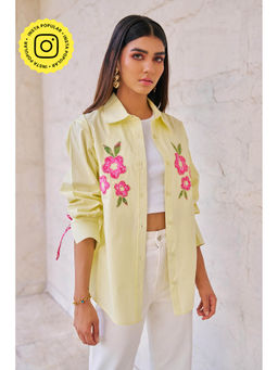 By The Bay - Women Cotton White Embroidered Regular Fit Summer Yellow Shirt