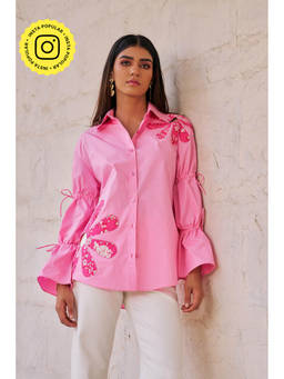 By The Bay - Women Cotton White Embroidered Regular Fit Summer Pink Shirt