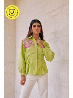 By The Bay - Women Cotton White Embroidered Regular Fit Summer Green Shirt