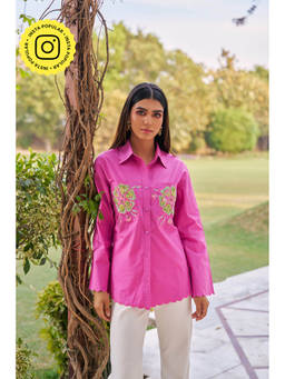 By The Bay - Women Cotton White Embroidered Regular Fit Summer Pink Shirt