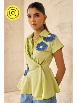 By The Bay - Womens Cotton Embroidered Green Shirt