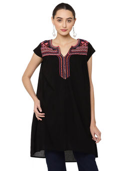 SAVI - Ethnic Motifs Black Embroidered Cotton Tunic