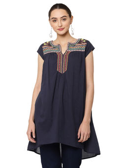 SAVI - Ethnic Motifs Navy Blue Embroidered Cotton Tunic