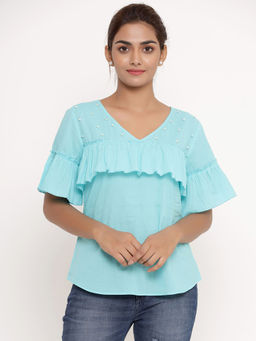SAVI - Embellished Half Sleeve Cotton Top