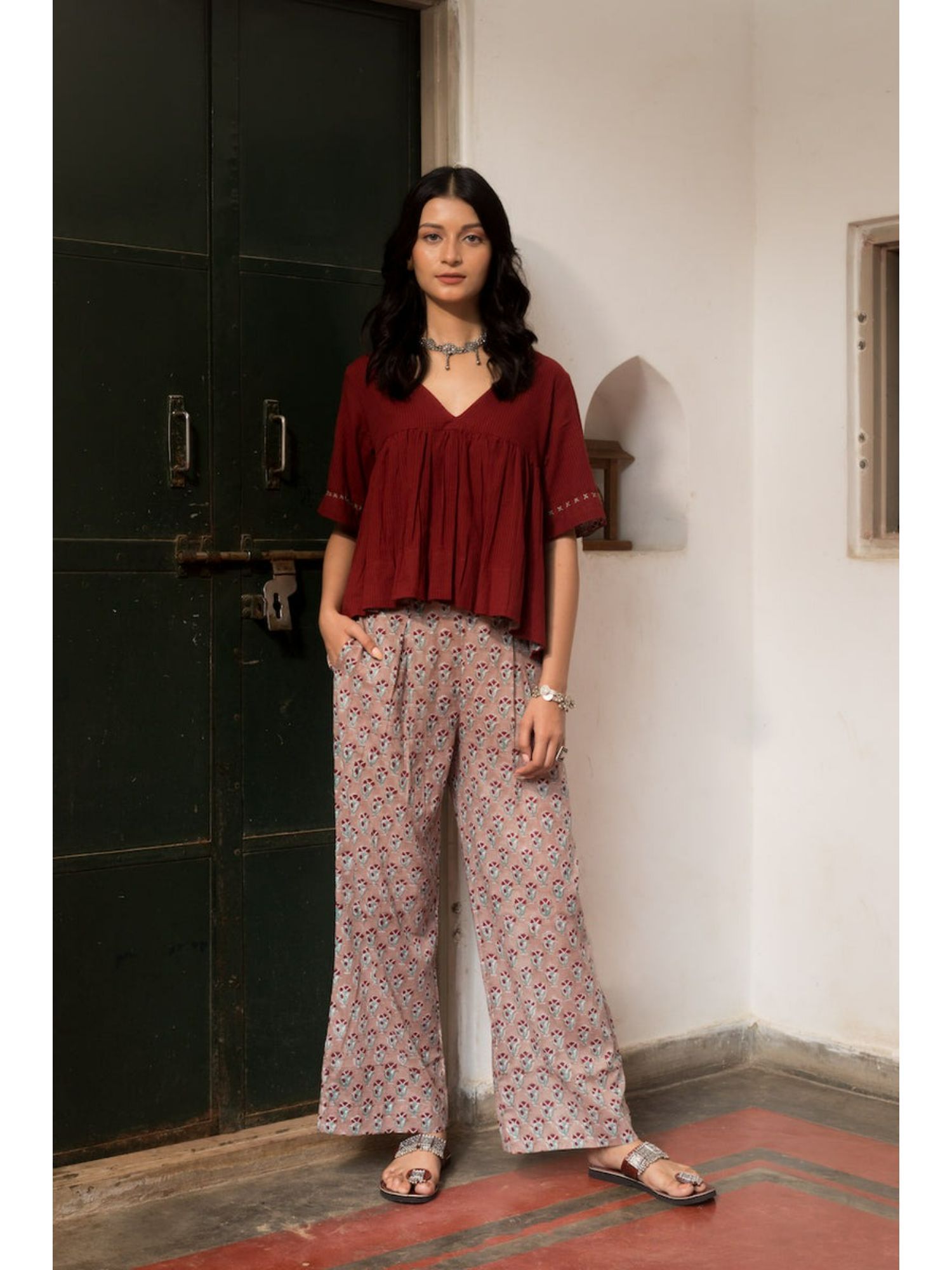 anuvas Noor Maroon Floral Half Sleeves Top with Pant (Set of 2)-picture-13