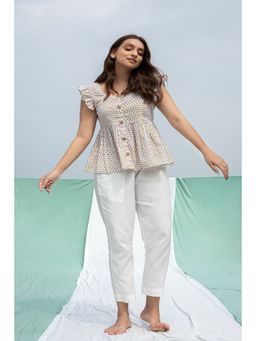 Anuvas - Again Bumblebee White Floral Ruffled Sleeves Top