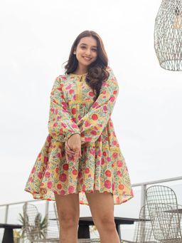 Anuvas - Daffodil Yellow Floral Balloon Sleeve Mini Dress