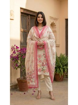 Autumnlane - Kartar Daisy Embroidery Cotton Kurta With Pant & Dupatta