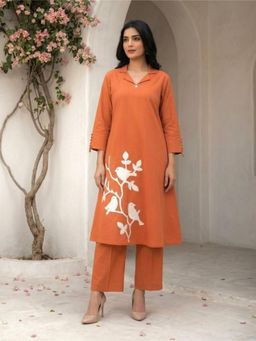 Autumnlane - Tanu Apricot Embroidery Cotton Kurta With Pant