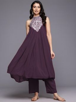 Varanga - Women Ethnic Motifs Embellished Silk Georgette Purple Kurta With Pant