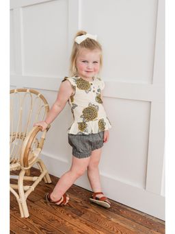 Yo Baby - Girls Beige Pure Cotton Floral Printed Top with Shorts