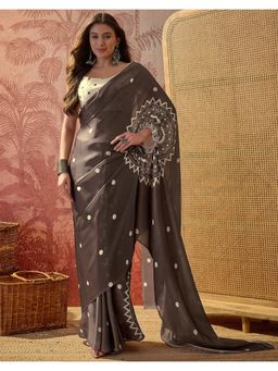 SATRANI - Brown Printed Satin Saree with Unstitched Blouse