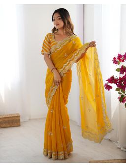 SATRANI - Yellow Sequins Embroidery Tissue Silk Saree with Unstitched Blouse