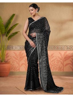 SATRANI - Black Foil Printed and Gota Lace Georgette Saree with Unstitched Blouse
