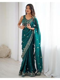 SATRANI - Green Sequins Embroidery Tissue Silk Saree with Unstitched Blouse