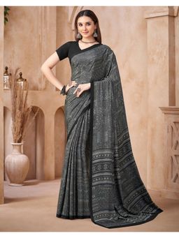 SATRANI - Black Printed Crepe Saree with Unstitched Blouse
