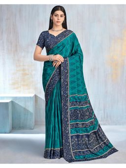 SATRANI - Teal Blue Printed Crepe Saree with Unstitched Blouse