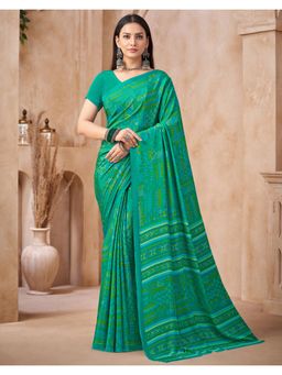 SATRANI - Teal Printed Crepe Saree with Unstitched Blouse