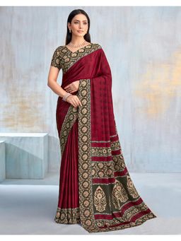 SATRANI - Maroon Printed Crepe Saree with Unstitched Blouse