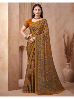 SATRANI - Mustard Printed Crepe Saree with Unstitched Blouse