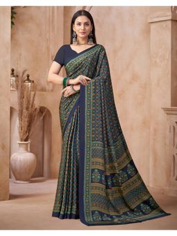 SATRANI - Navy Blue Printed Crepe Saree with Unstitched Blouse
