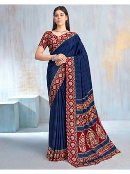 SATRANI - Navy Blue Printed Crepe Saree with Unstitched Blouse