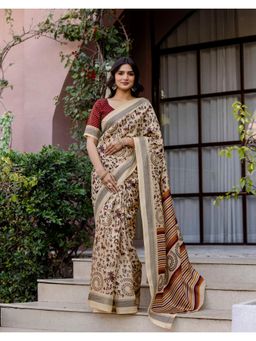 SATRANI - Beige Printed Khadi Saree with Unstitched Blouse
