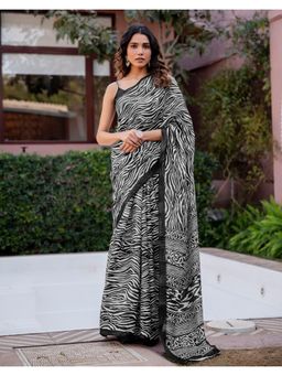 SATRANI - Black Printed Khadi Saree with Unstitched Blouse