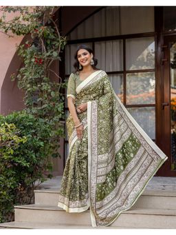 SATRANI - Olive Printed Khadi Saree with Unstitched Blouse
