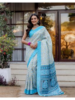 SATRANI - White Printed Khadi Saree with Unstitched Blouse