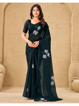 SATRANI - Black Floral Printed Linen Saree with Unstitched Blouse
