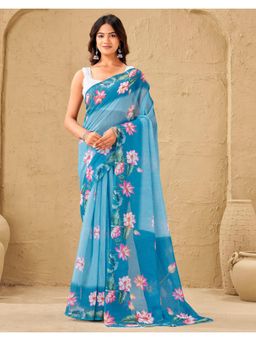 SATRANI - Blue Floral Printed Linen Saree with Unstitched Blouse