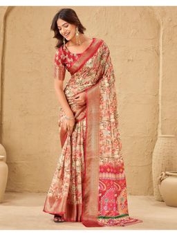SATRANI - Beige Printed Silk Saree with Unstitched Blouse