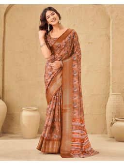 SATRANI - Brown Floral Printed Silk Saree with Unstitched Blouse