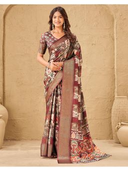 SATRANI - Brown Printed Silk Saree with Unstitched Blouse