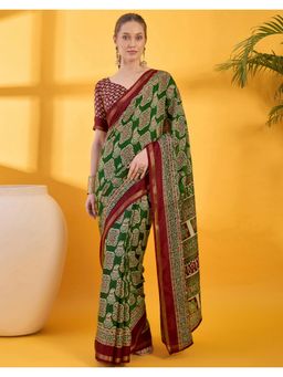 SATRANI - Green Printed Silk Saree with Unstitched Blouse