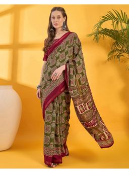 SATRANI - Olive Printed Silk Saree with Unstitched Blouse