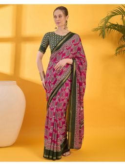 SATRANI - Pink Printed Silk Saree with Unstitched Blouse