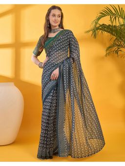 SATRANI - Grey Printed Linen Saree with Unstitched Blouse