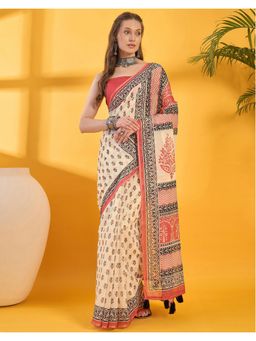 SATRANI - Beige Printed Linen Saree with Unstitched Blouse