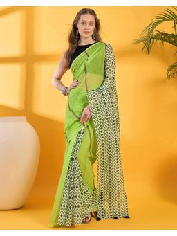SATRANI - Green Printed Linen Saree with Unstitched Blouse